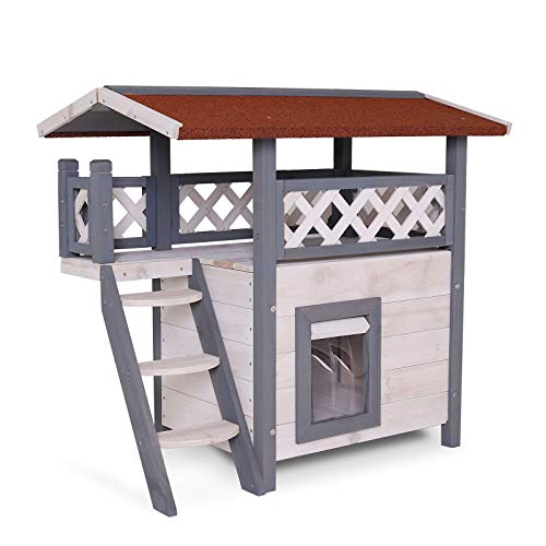 lionto Lodge Holz für Katzen Terrasse und Treppe 77x50x73 cm grau