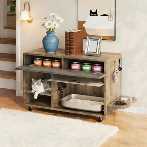 DENMOSTY Bewegbarer Katzenklo Schrank Katzenschrank Versteckt Katzentoilette Katzenkloschrank mit Sandauffang Futterstellen - XXL Katzentoilettenschrank Haus Kommode Hellbraun 100x45 5x67 cm