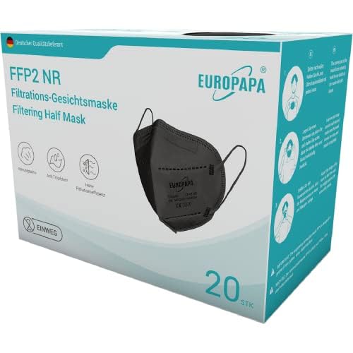 EUROPAPA 20x Schwarz Maske Atemschutzmaske 5 Lagen Staubschutzmasken hygienisch einzelverpackt Stelle zertifiziert EN149 2001 A1 2009 Mundschutzmaske EU2016 425