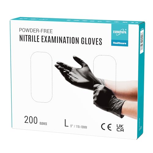 EUROPAPA 200x Einweghandschuhe Nitrilhandschuhe puderfrei Untersuchungshandschuhe EN455 EN374 latexfrei Einmalhandschuhe Handschuhe in Gr. S M L XL verfügbar L Schwarz