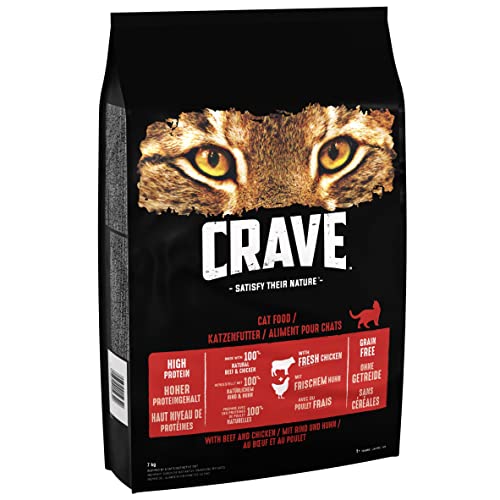 Crave Adult Trockenfutter Rind Huhn 7kg 1 Beutel Premium Katzenfutter trocken hohem Proteingehalt und ohne Getreide Hergestellt 100 Prozent natürlichem Rind Huhn
