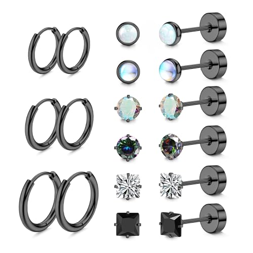 LOFITOR 9Paare für Titanstahl Chirurgenstahl Medizinische Ohrstecker Klein Set Hypoallergene 14K Vergoldet Tragus Helix Piercings Ohr Schwarz