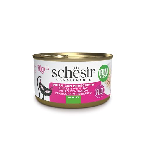 Schesir Hähnchenfilets mit Schinken in Gelee ergänzendes Nassfutter für Katzen Originalrezept 100% natürlich 12 Dosen 70 g