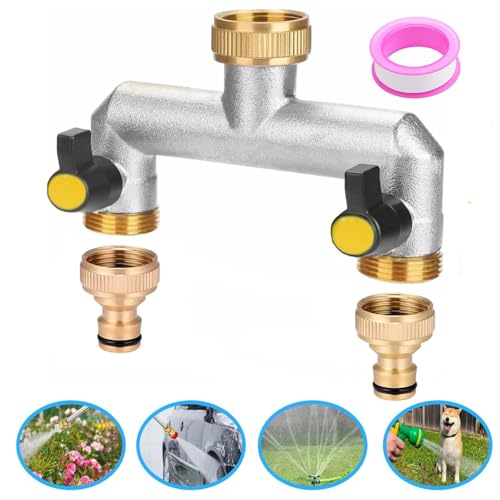 DWcouple 2-Wege Wasserhahn Wasserverteiler 3 4 Wasseranschluss Verteiler mit individuellem Absperrhähnen Gartenschlauch mit 3 4 Zoll Adapter Kugelhahn zum Einstellen und Absperren des Wasserflusses