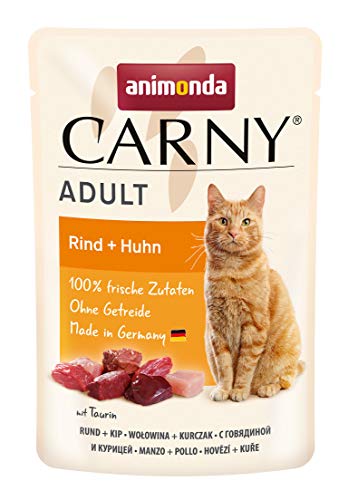 Carny Katzenfutter nass Pouch Rind Huhn 12 x 85g Katzen Nassfutter ohne Getreide und Zucker für ausgewachsene Katzen von animonda mit frischen fleischlichen Zutaten praktische Portionsbeutel