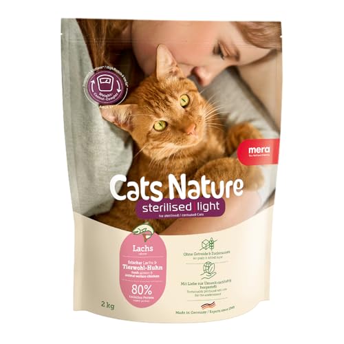 MERA Cats Nature Sterilised Light Lachs Katzenfutter Trocken 2kg für sterilisierte kastrierte Katzen Getreidefrei zuckerfrei fettarmes Katzen Trockenfutter hoher Fleischanteil