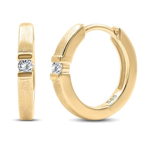 Creolen 585 Echtgold 13 mm - 2 Diamanten je 0.06 Ct - Gelbgold Damen Ohrringe 14k - Schmuck mit Geschenkbox