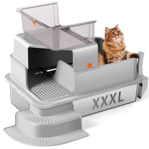 Bartuke Edelstahl Katzenklo Hohe Seitenwand Metall Katzentoilette mit gefiltertem Gang Stufe Schaufel Nicht klebend geruchsneutral einfache Reinigung Hellgrau