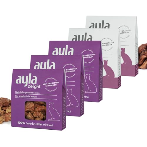 AYLA Premium Gefriergetrocknetes 5X Bundle Proteinreiches Katzenleckerlis Vital-Booster für Fell Muskulatur Für Kitten Erwachsene Katzen 140g Entenmix-Set