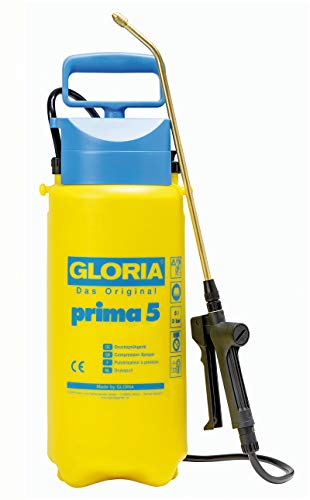 GLORIA Drucksprüher prima 5 Gartenspritzeühgerät für den Pflanzenschutz 5 L Füllinhalt Verstellbare Messingdüse Gelb Schwarz Blau