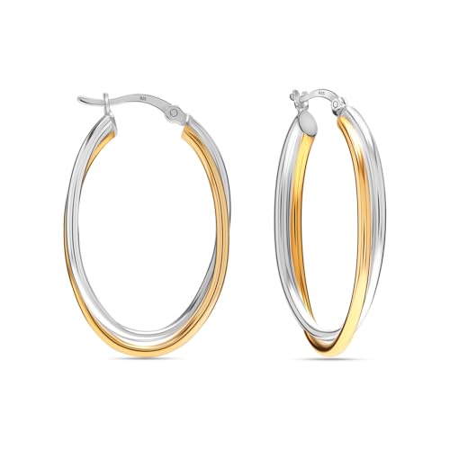 LeCalla Zweifarbige Creolen aus 925er Sterlingsilber für Damen 14 Karat vergoldete ineinander verschlungene große ovale Creolen 40 mm