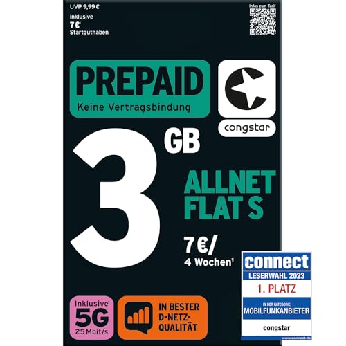 congstar Prepaid Basic S SIM-Karte ohne Vertrag I 3GB Prepaid-Paket in D-Netz Qualität für Einsteiger I 5G mit 25 Mbit s I Telefon und SMS-Flat in alle dt. Netze I EU-Roaming inkl.