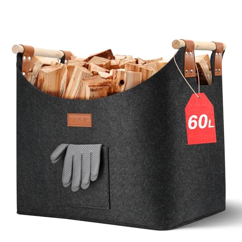 Ezilif Holzkorb für Kaminholz Groß XL Kaminholzkorb mit Doppelt Verstärkten Leder 60L Brennholzkorb aus Filz Filzkorb Kaminholz mit Fronttasche Faltbarer Korb für Kaminholz 45x32x40cm