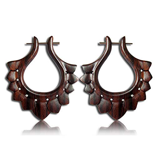viva-adorno 1 Paar Holz Ohrringe geschnitzt Holz Creolen Pin Ohr Piercing Ethno Tribal Blüten Blätter CC470A