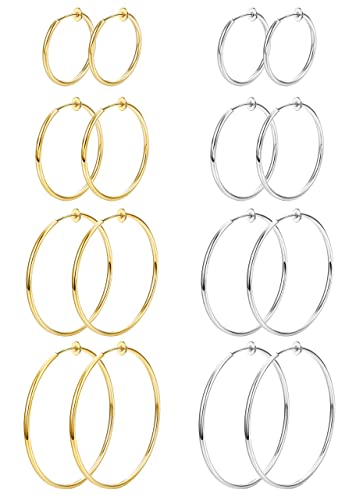 Morfetto 8 Paar Clip-On-Creolen Edelstahl-Clip-On-Ohrringe für Frauen Gefälschte Creolen Frühlings-Creolen für nicht durchbohrte Ohren Silber Gold