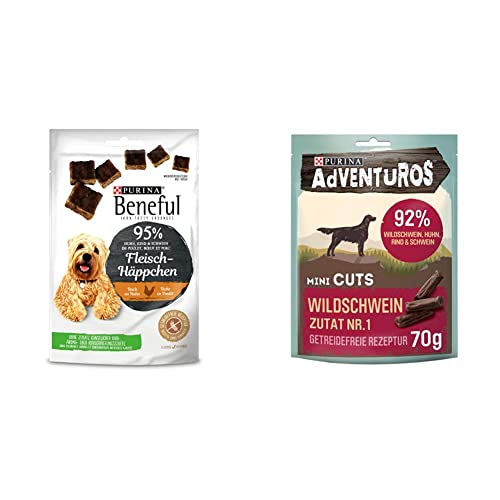 PURINA Fleisch Häppchen Hundeleckerli schmackhafter Snack ohne Getreide reich an Huhn 7x70g PURINA AdVENTuROS Mini Cuts Hundeleckerli getreidefrei Hundesnack reich an Wildschwein 7x70g
