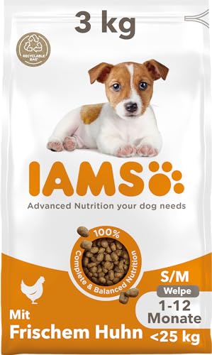 IAMS Junior Hundefutter trocken mit Huhn - Welpenfutter für Welpen im Alter von 1-12 Monaten geeignet für kleine mittelgroße Rassen 3 kg