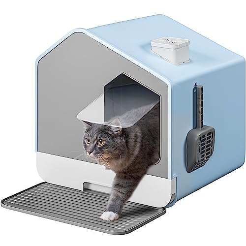 YITAHOME XXL Deckel 44x40x 45cm Häuschen Design Streumatte Schaufel Einfache Schubladen Reinigung Hohe Kanten Cat Litter Box Blau