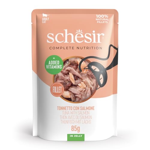 Schesir Thunfisch mit Lachs in Gelee komplettes Nassfutter für Katzen im Beutel 100% natürliche Inhaltsstoffe tierversuchsfrei 12 x 85 g