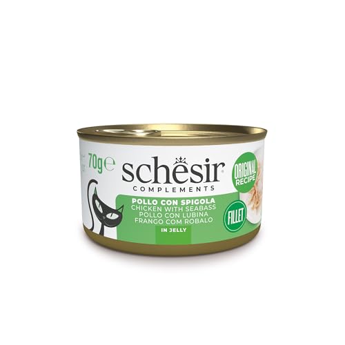 Schesir Hähnchenfilets mit Spigola in Gelee in Dose ergänzendes Nassfutter für Katzen Originalrezept 100% natürlich tierversuchsfrei 12 x 70 g