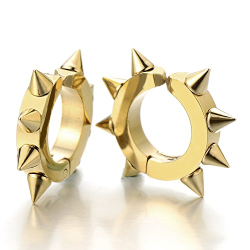 Paar Click-on Gold Spike Creolen für Herren Damen Edelstahl Huggie Ohr Manschette Ohrringe Fake Piercing