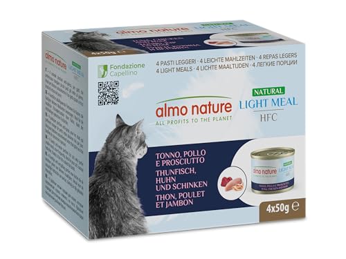 Almo Nature HFC Natural Light Meal Thunfisch Huhn und Schinken Nassfutter für ausgewachsene Katzen 4 Packungen 50 g