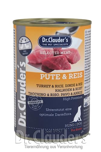 DR.CLAUDER S - Selected Meat Prebiotic Nassfutter in Lebensmittelqualität mit Inulin für eine gesunde Darmflora bei ausgewachsenen Hunden. Alleinfutter in der Dose 400g Pute Reis