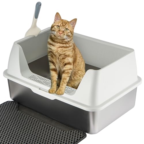 Youyijia XXL Katzentoilette Edelstahl großem Metall-Streubehälter 30L Katzentoilette mit spritzwassergeschützt Deckel Streumatte und Streuschaufel große und mittelgroße Katzen 59 5 x 39 5 x 30 cm