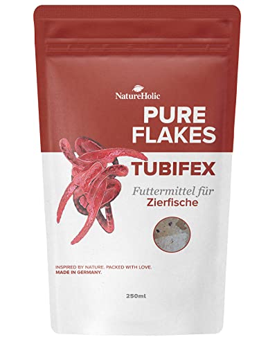 NatureHolic Pure Flakes - Tubifex - Hohe Akzeptanz - über 50% Tubifex - Trübt das Wasser Nicht - Für Fische und Wirbellose - Hergestellt in Mannheim