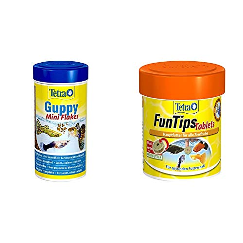 Tetra Guppy Mini Flakes ausgewogenes nährstoffreiches Flockenfutter für Guppies Verschiedene Sorten FunTips Tablets Haft Futtertabletten als Hauptfutter für alle Zierfische Verschiedene Größen