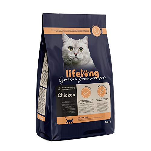 Amazon Marke Lifelong   Katzenfutter für ausgewachsene Katzen Fein zubereitetes Trockenfutter mit frischem Huhn Getreidefreie Rezeptur 3 1er Pack