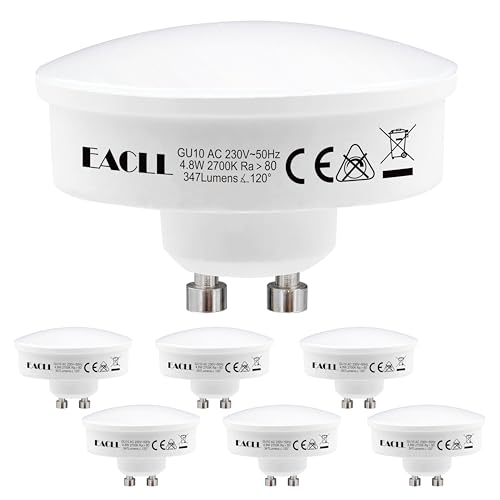EACLL Ultraflacher GU10 LED Lampe Warmweiss 4.8W Ersetzt 50W Halogen Leuchtmittel 6er-Pack. 347lm 2700K Birnen 50mm x 36mm für Einbaustrahler AC 230V Flimmerfrei Abstrahlwinkel 120 Nicht Dimmbar