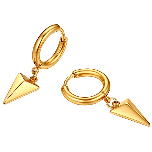 Flongo Herren Ohrstecker Creolen Damen Ohrringe Ohrhänger aus Edelstahl in Gold Stecker mit hängenden Triangel Pyramide Anhänger Männer Frauen