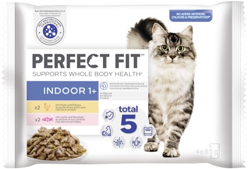 PERFECT FIT Katze Portionsbeutel Indoor 1 mit Huhn und Erbsen und mit Lachs und Karotten 1 x 4 x 85g