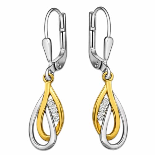 CLEVER SCHMUCK Damen Ohrringe Gold 30 mm Tropfen Doppeloptik bicolor mit 3 Zirkonia glänzend 925 Sterling Silber im Etui anthrazit