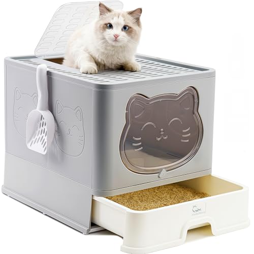 HelloMiao Vollständig Geschlossene Indoor Dach Geruchsneutralisierendes inß Box Schubladensystem Klappbar Praktischer Katzenstreuschaufel