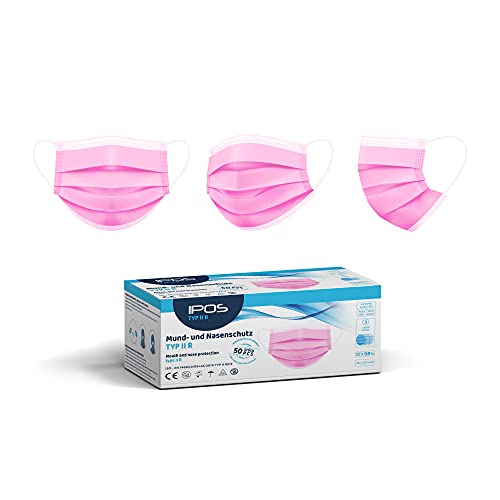 IPOS-Medical 50 x OP Masken Pink Norm EN14683 2019 TYP2R Mundschutz Maske TYP 2 R Gesichtsmaske Atemmaske Mund Nasen Schutz Hygienemaske 3-lagig Einweg Versand aus DE