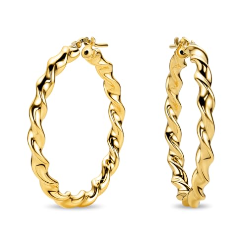 MIORE Schmuck Handgefertigt in Italien Ohrringe Silber 925 Creolen Silber 925 Gedrehte Kreolen 30 mm Durchmesser Ohrringe Vergoldet 18K Gold Runde Hoops Ohrringe Damen Ohrschmuck