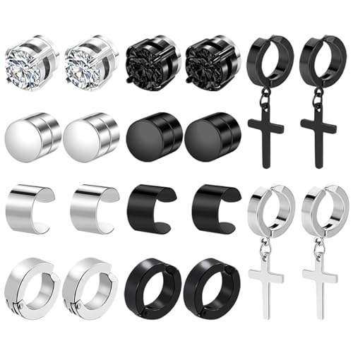 JewelryWe 10 Paar Magnet Set Zirkonia Magnetische Non Piercing Fake Plug Tunnel Ohrclips Huggie mit Kreuz Anhänger