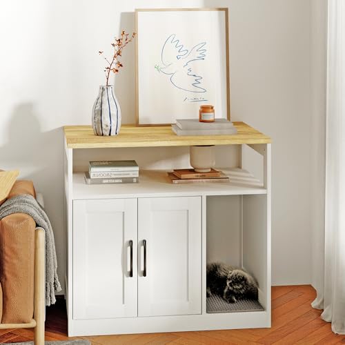 Katzentoilette 2-stöckig versteckte Katzentoilette Möbel mit offenem Aufbewahrungsregal Holz-Katzen-Waschraum im Innenbereich freistehender Schrank für Wohnzimmer Flur Weiß