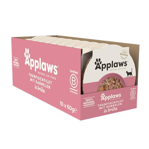 Applaws 100% Natürliches Katzennassfutter Thunfischfilet mit Garnelen im Brühe Topf 60g 10 x 60g