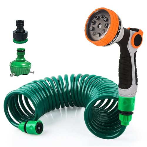 Shyllin Gartenschlauch Flexibel Wasserschlauch Schlauchtrommel 7.5M Spiralschlauch Komplett Set mit 9 Funktions Gartenbrause und Schlauchverbinder für Autowäsche Haustierdusche Gartenbewässerung