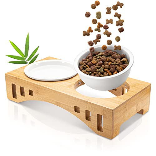 giriniwee Qualitäts Futter Bar mit Zwei 400ml Porzellannäpfen im Bambusgestell erhöhte Doppelschale für Katzen Kitten kleine Hunde Welpen und andere kleine Haustiere
