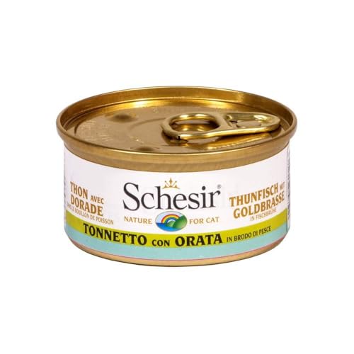 Schesir Cat in Brühe Thunfisch mit Goldbrasse Katzenfutter nass in eigener Kochbrühe 24 Dosen x 70 g