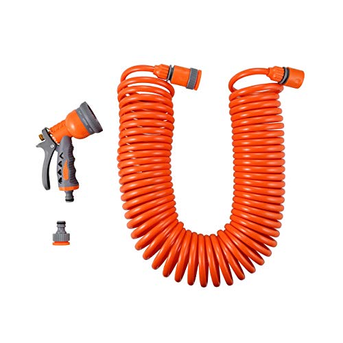 Fuxtec Spiralschlauch-Set 15 m Gartenschlauch zum Wässern von kleinen Flächen Pflanzen und Blumen auf Terrassen und Balkonen inkl Gartenbrause 2 Schlauchstücken und Hahnstück