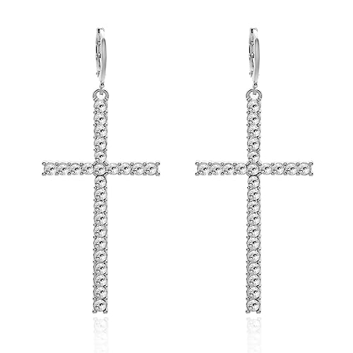SURALIN 1 Pair Silber Kreuz-Perlen-Strass-Ohrringe Creolen Baumelnde Spike-Kreuz-Anfangsohrringe Einfacher Schmuck