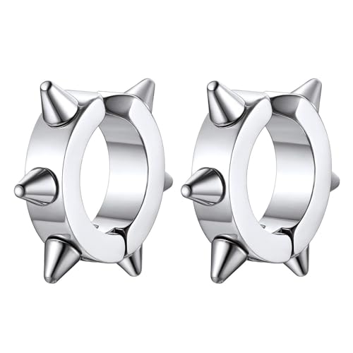 JewelryWe Spike Ohrringe Non-Piercing Creolen Silber Herren Damen Edelstahl Punk Spike Spitze Nieten Fake Piercing Ohrringe Creolen Huggie Ohrclips ohne Ohrloch Klappcreolen Ohrstecker Hip Hop