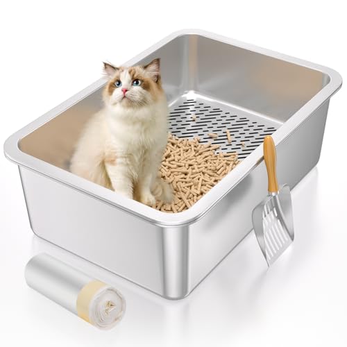XL Edelstahl-Siebtoilette für große Katzen Metallsieb-Katzentoilette für Holzkieferpellets extra großes Sieb Katzentoilette Geruchskontrolle leicht zu reinigen mit Einsätzen und Metallschaufel