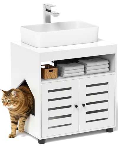 EASECAT Katzenschrank für Katzenklo Stilvoller Waschbeckenunterschrank Katzenmöbel mit flexiblem Einstieg Links rechts Versteckt Katzentoilette Katzenhaus Weiß 60 44 60 cm