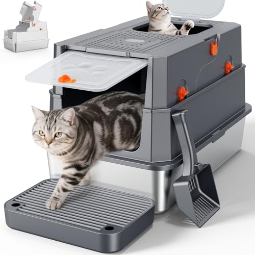 MIXJOY Katzenklo Edelstahl mit Deckel XXL Große Katzentoilette Edelstahl Zwei-Tür-Konfiguration Katzenklo mit Schaufel Leicht zu Reinigen Geeignet für große mehrere Katzen Dunkelgrau